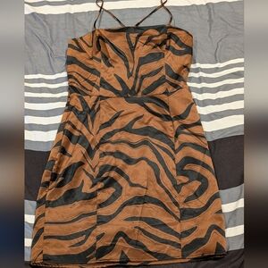 NWT TOPSHOP Brown Black Zebra Animal Print Satin Slip Dress Size US 4
